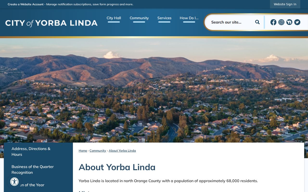 Yorba Linda city directory official city history
