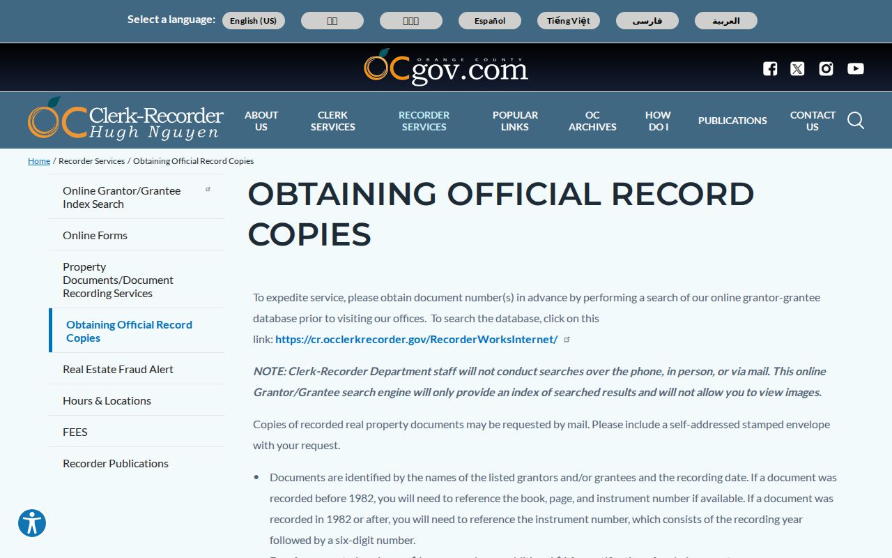 Yorba Linda street directory official recorded document copy workflow